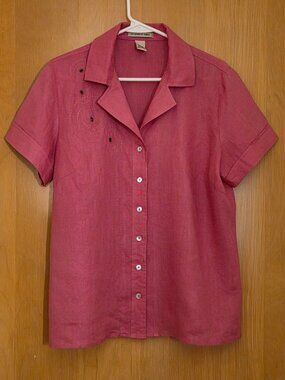 Ecologie Button Up 100% Linen Camp Shirt Womens XL Coral Embroidered Coastal